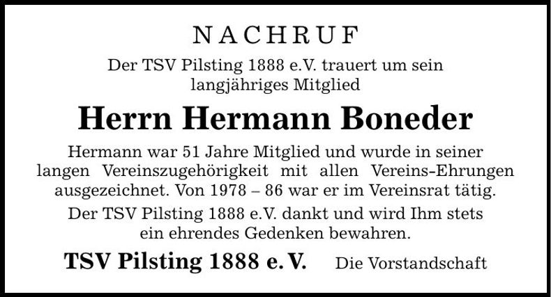 Traueranzeige Hermann Boneder