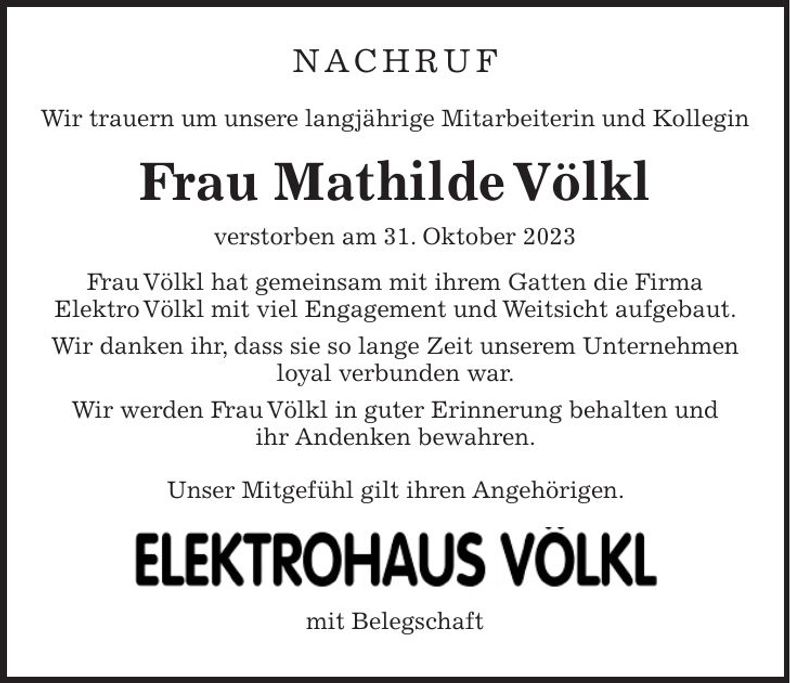 Traueranzeige Mathilde Völkl