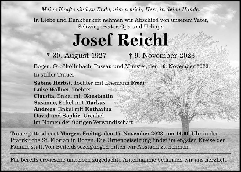 Traueranzeige Josef Reichl