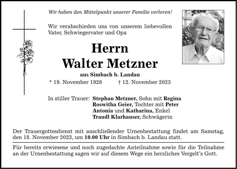 Traueranzeige Walter Metzner