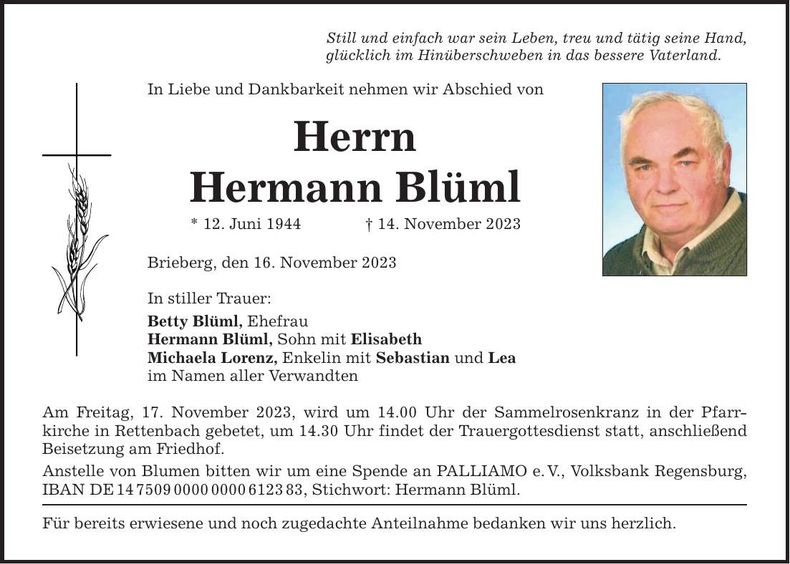 Traueranzeige Hermann Blüml
