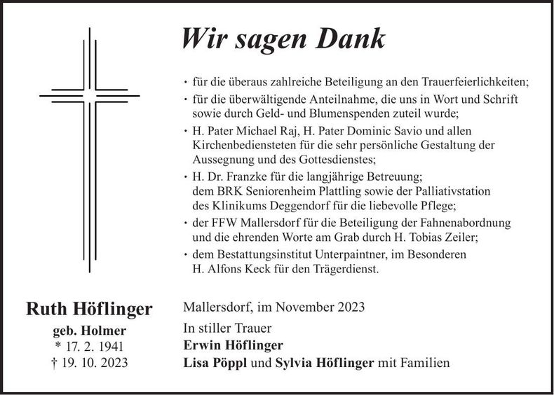 Traueranzeige Ruth Höflinger