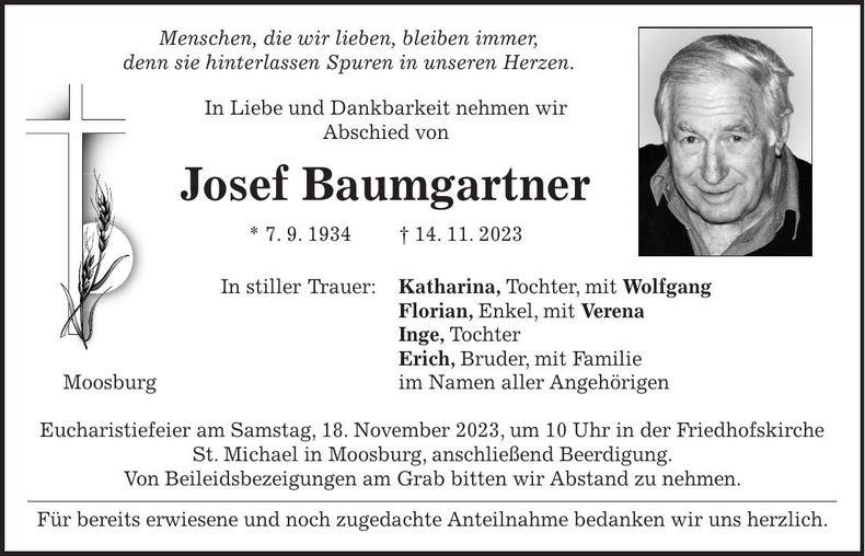 Traueranzeige Josef Baumgartner