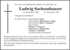 Traueranzeige Ludwig Sachsenhauser