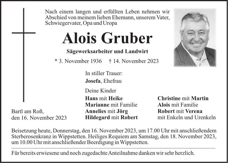Traueranzeige Alois Gruber