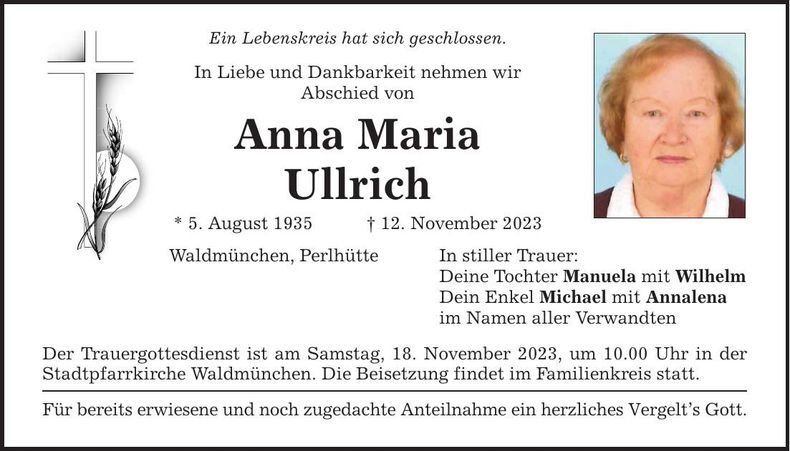 Traueranzeige Anna Maria Ullrich
