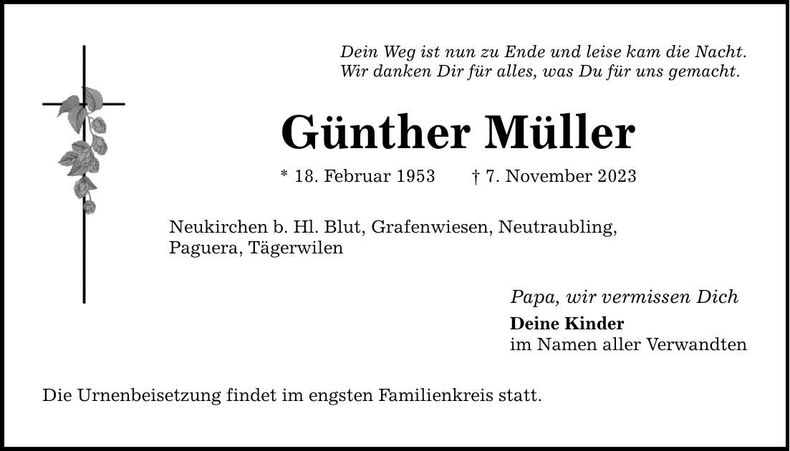 Traueranzeige Günther Müller