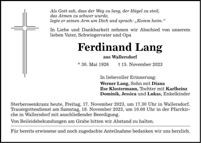 Traueranzeige Ferdinand Lang