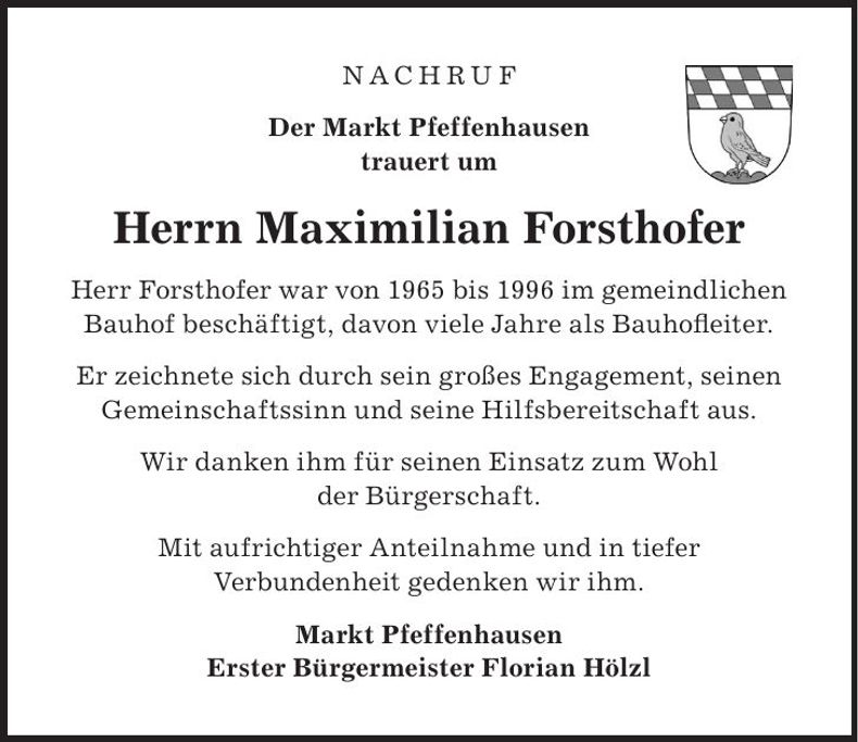 Traueranzeige Maximilian Forsthofer