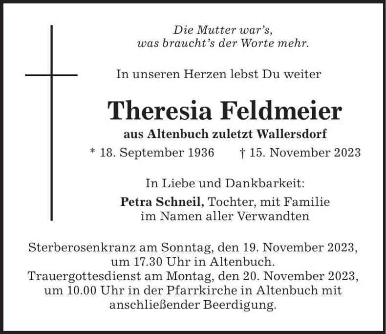 Traueranzeige Theresia Feldmeier