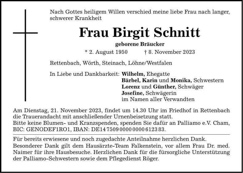 Traueranzeige Birgit Schnitt