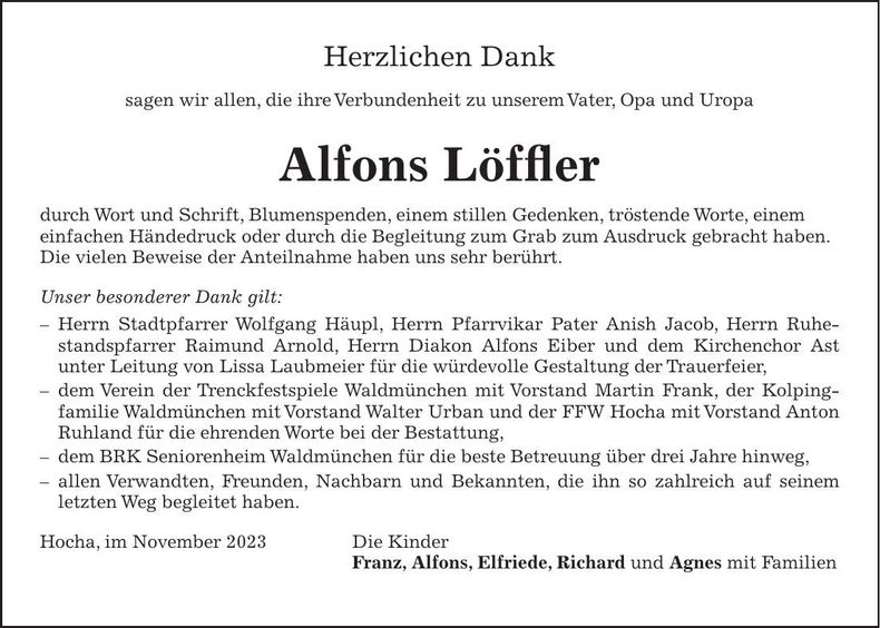 Traueranzeige Alfons Löffler