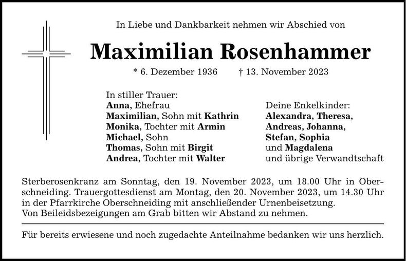 Traueranzeige Maximilian Rosenhammer