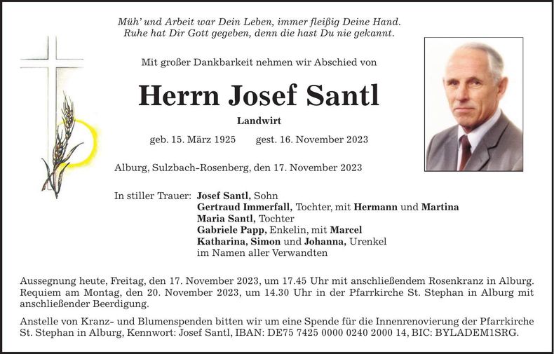 Traueranzeige Josef Santl