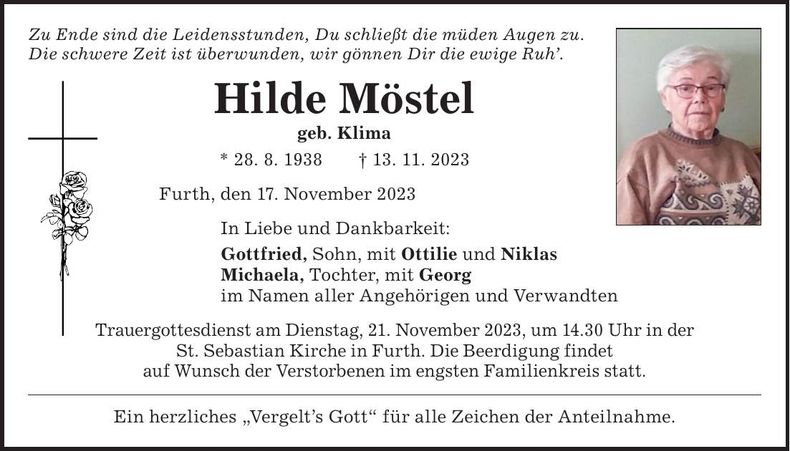 Traueranzeige Hilde Möstel