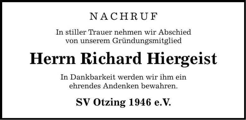 Traueranzeige Richard Hiergeist