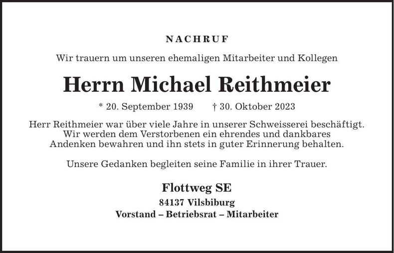 Traueranzeige Michael Reithmeier