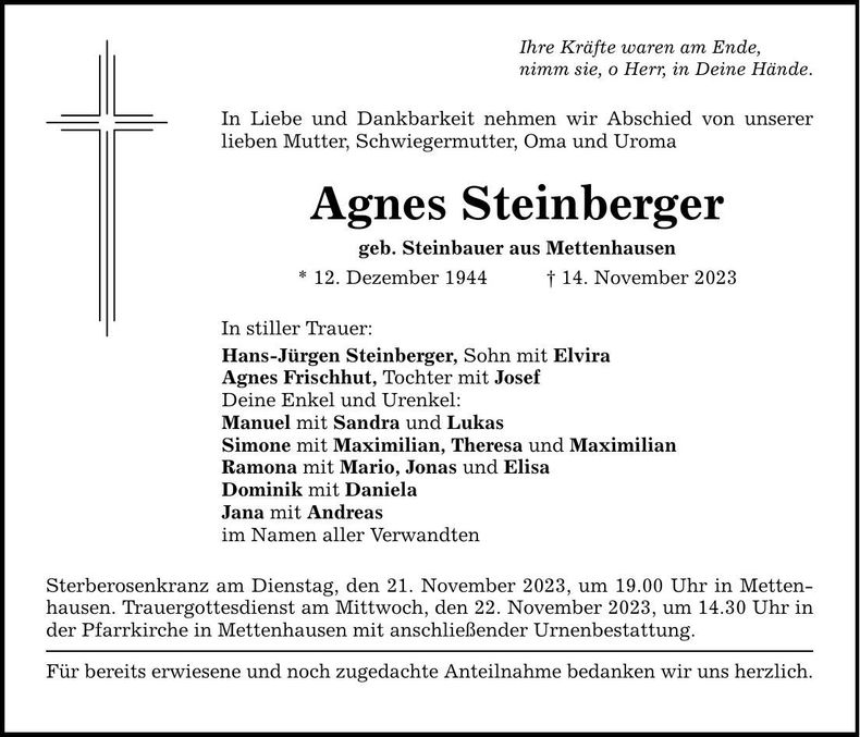Traueranzeige Agnes Steinberger