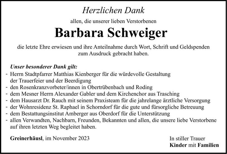 Traueranzeige Barbara Schweiger