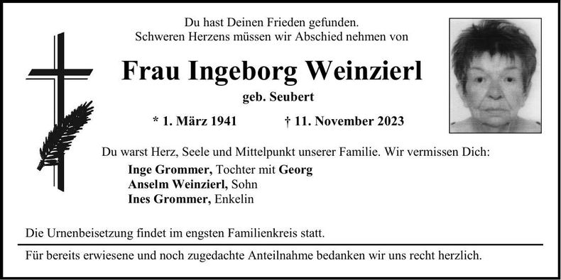 Traueranzeige Ingeborg Weinzierl