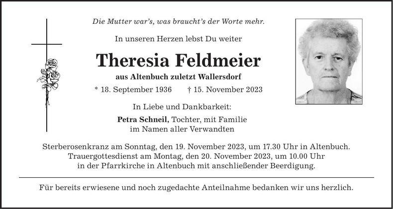 Traueranzeige Theresia Feldmeier