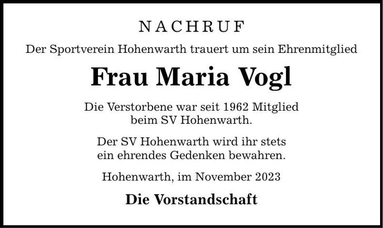 Traueranzeige Maria Vogl
