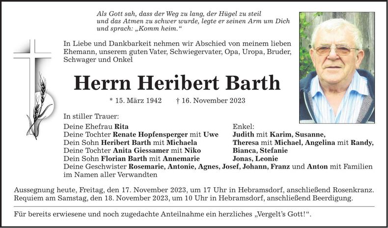 Traueranzeige Heribert Barth