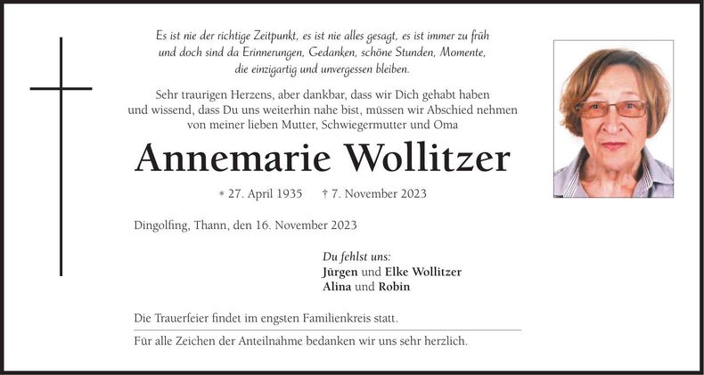Traueranzeige Annemarie Wollitzer