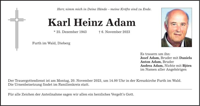 Traueranzeige Karl Heinz Adam
