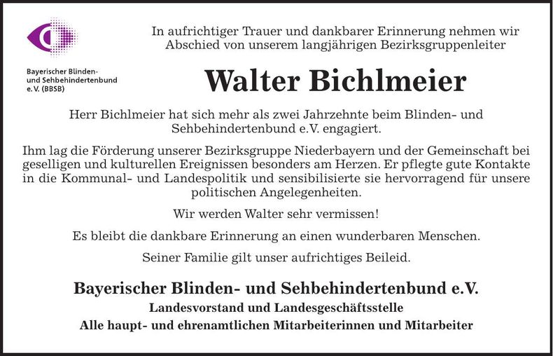 Traueranzeige Walter Bichlmeier