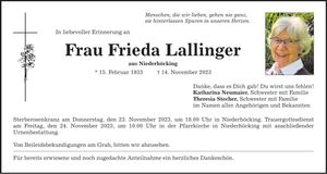 Traueranzeige Frieda Lallinger