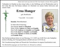 Traueranzeige Erna Hunger