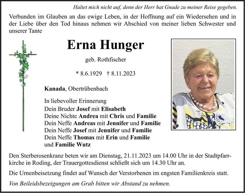 Traueranzeige Erna Hunger