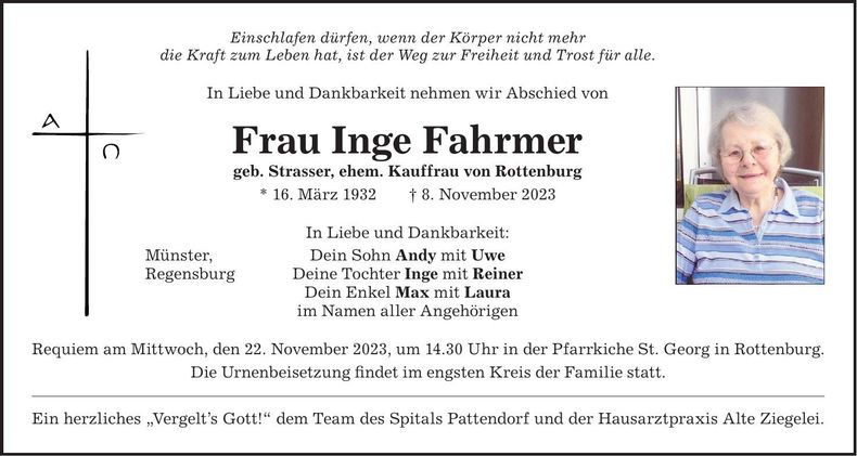 Traueranzeige Inge Fahrmer