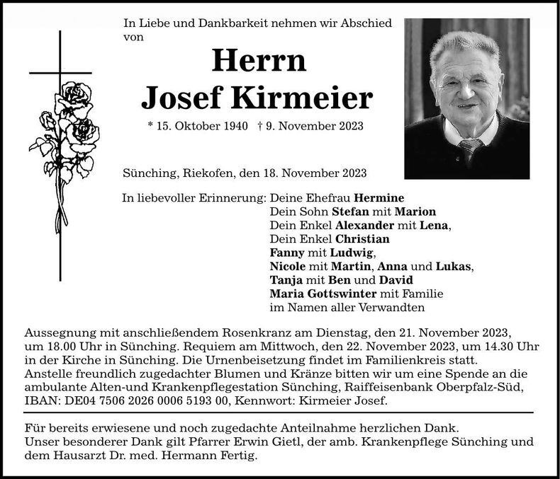 Traueranzeige Josef Kirmeier