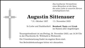 Traueranzeige Augustin Sittenauer