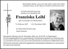 Traueranzeige Franziska Leibl