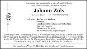 Traueranzeige Johann Zöls
