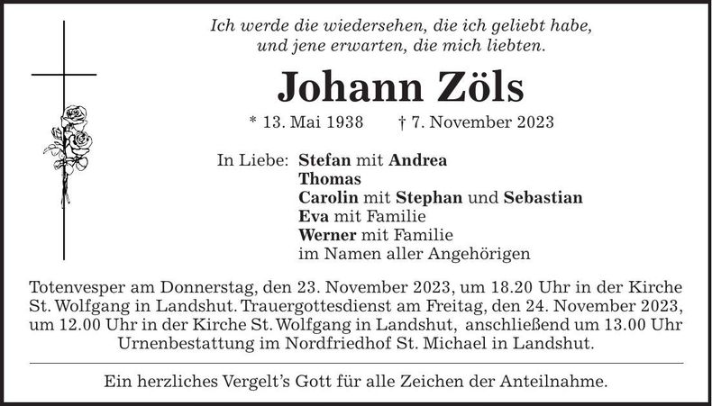 Traueranzeige Johann Zöls