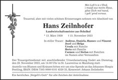 Traueranzeige Hans Zeilnhofer
