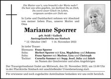 Traueranzeige Marianne Sporrer