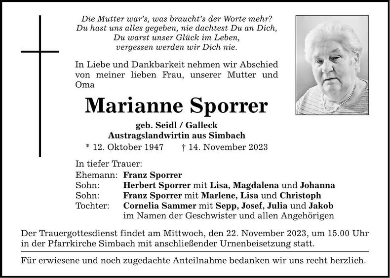 Traueranzeige Marianne Sporrer
