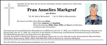 Traueranzeige Annelies Markgraf