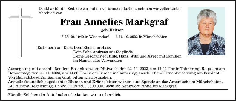 Traueranzeige Annelies Markgraf