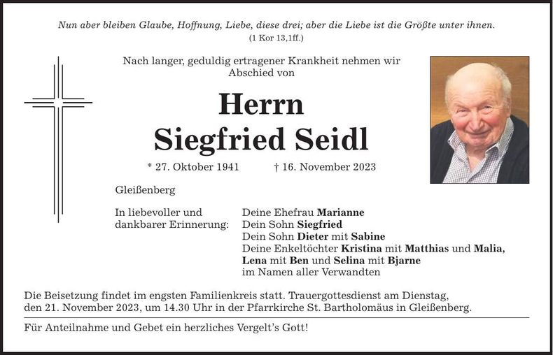Traueranzeige Siegfried Seidl