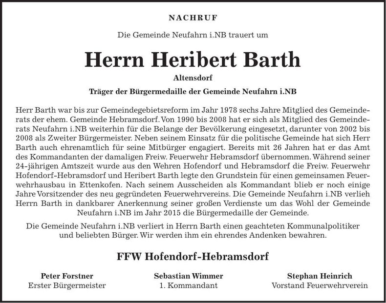 Traueranzeige Heribert Barth