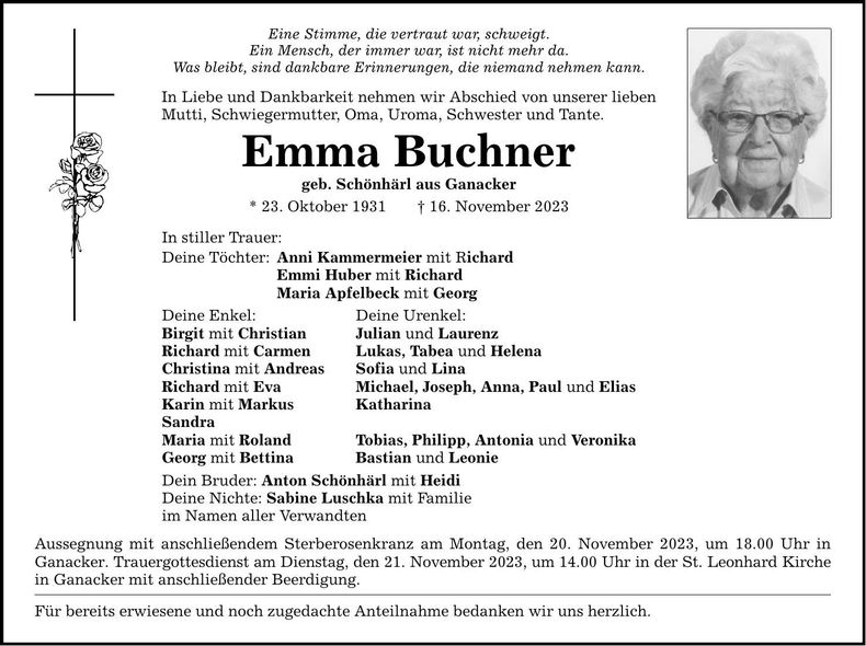 Traueranzeige Emma Buchner