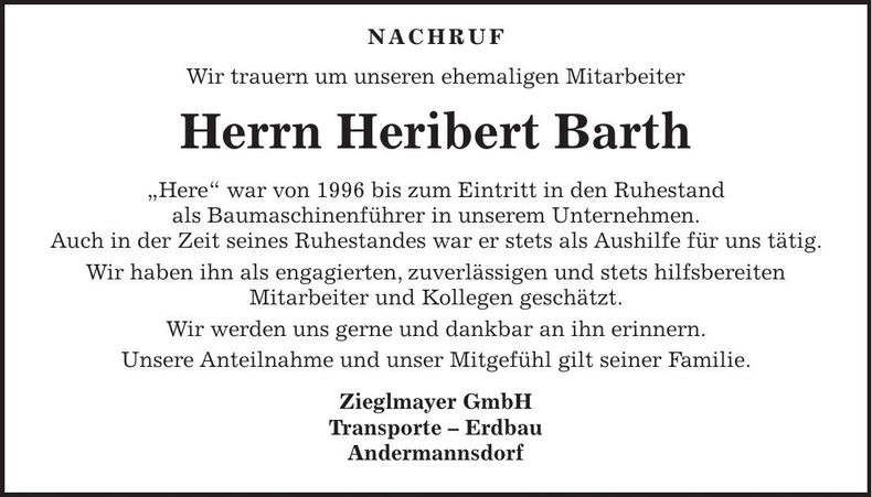 Traueranzeige Herbert Barth