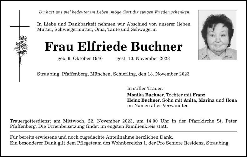 Traueranzeige Elfriede Buchner