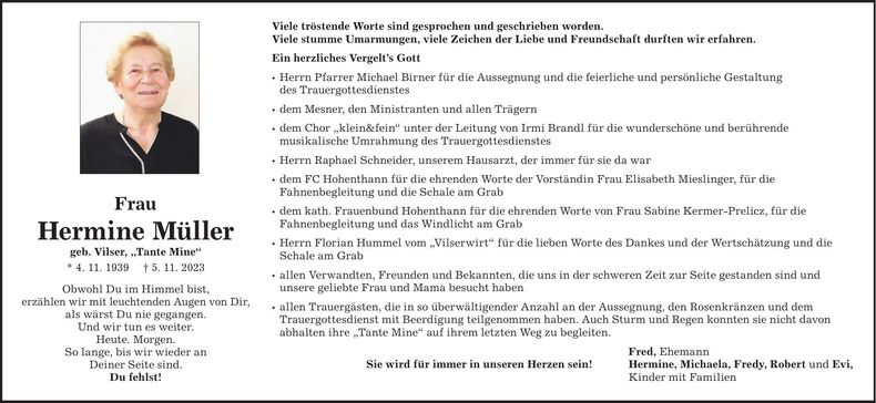 Traueranzeige Hermine Müller